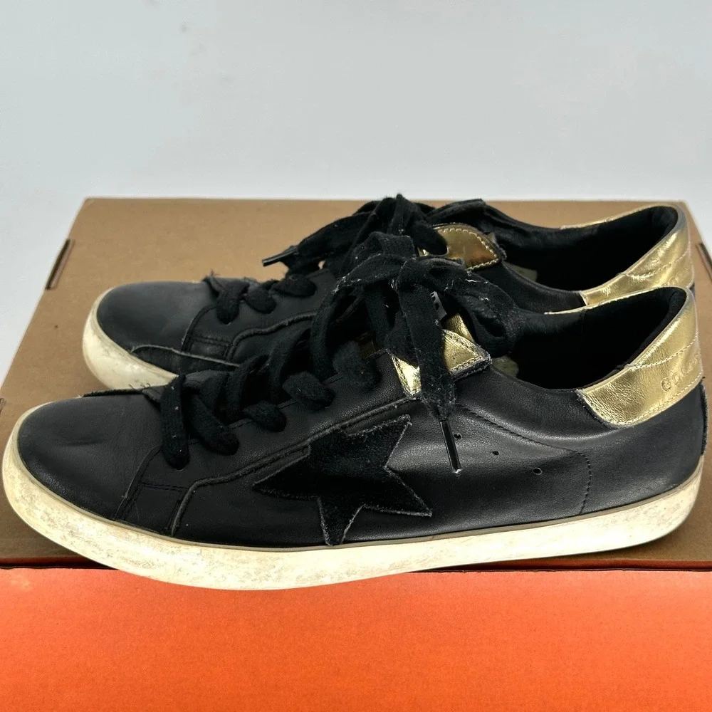 Golden Goose Superstar Black Leather Sneakers Low Trainers‎ Gold Heel Italy 39